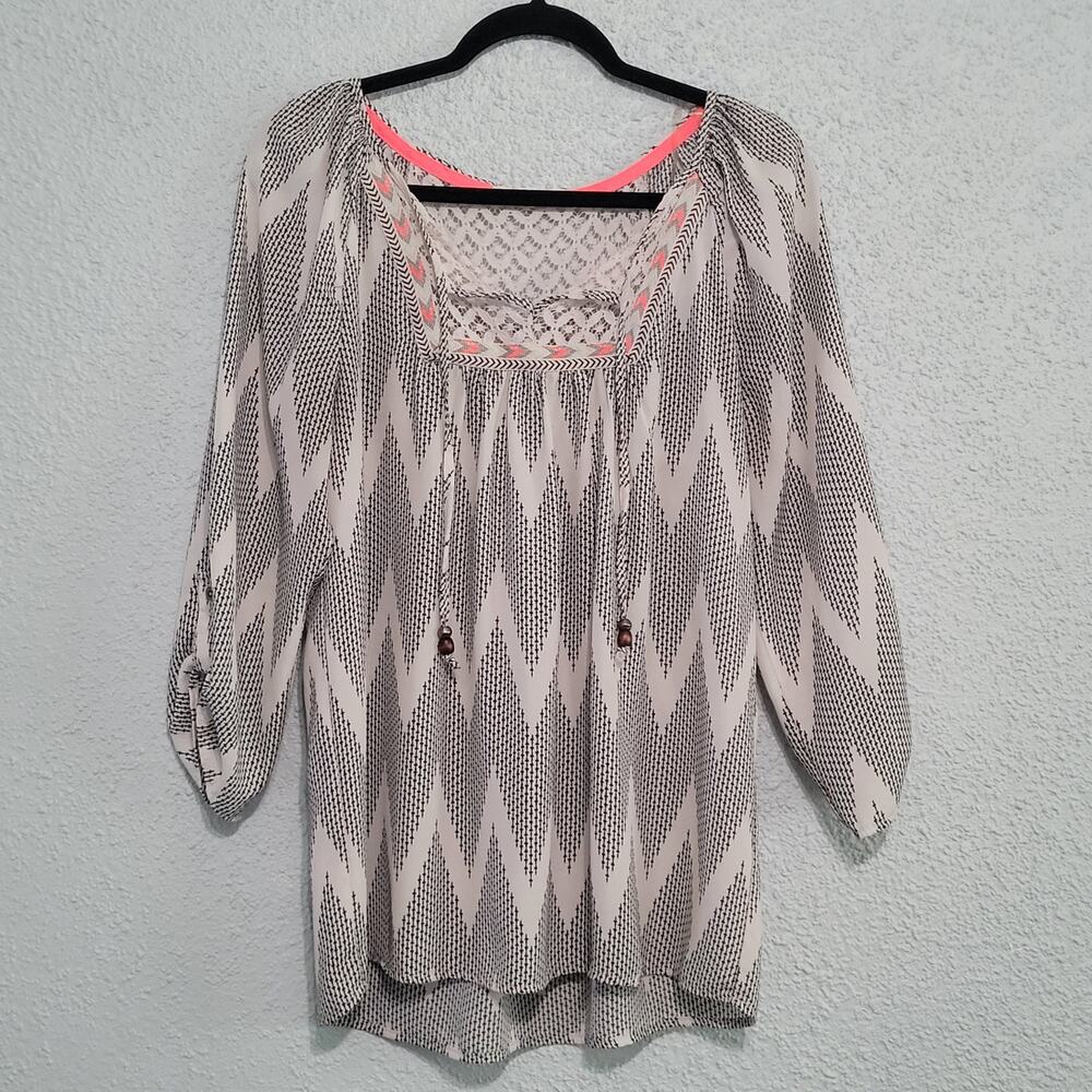 Rewind Womens Crochet Lace Geometric Chevron Peasant Blouse Size L Resort Travel